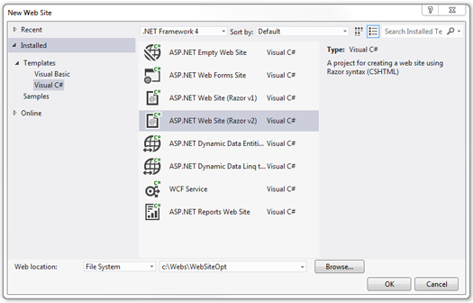 Создание сайта ASP.NET Web Pages в Visual Studio 2012