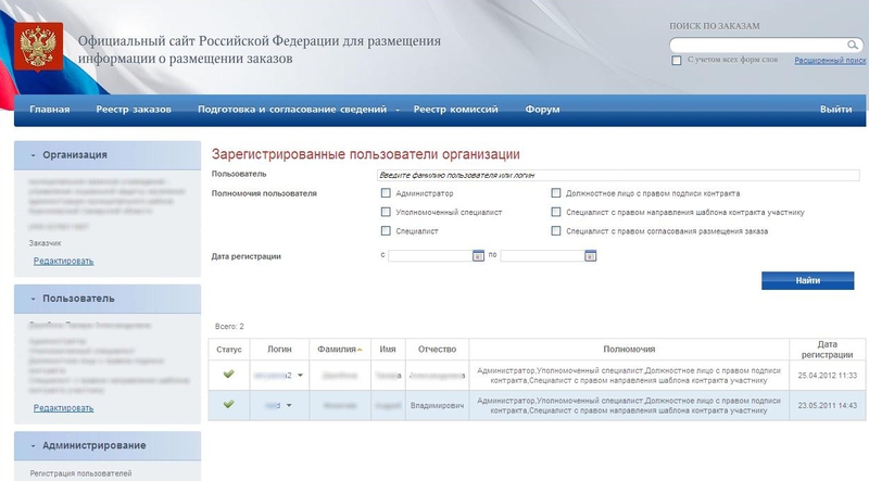 Интерфейс закрытой части zakupki.gov.ru
