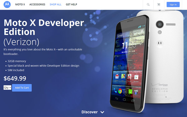 Смартфон Moto X Developer Edition для сети Verizon стоит $650