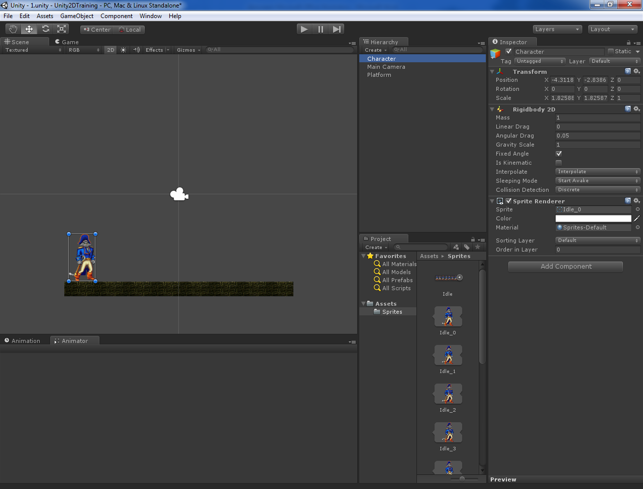 Основы создания 2D персонажа в Unity 3D 4.3. Заготовка персонажа и анимация покоя