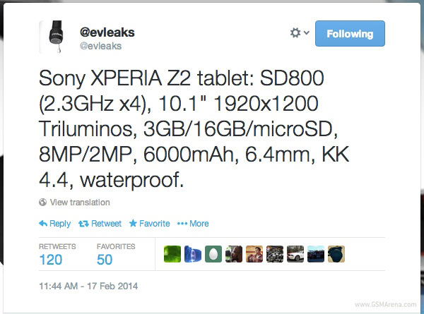 Ожидать анонса Sony Xperia Tablet Z2 можно в конце месяца на мероприятии MWC 2014
