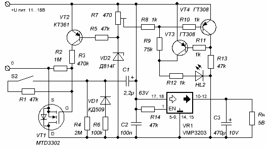 Схема контроля питания с индикатором разряда батареи и преобразователем 5-вольтового напряжения