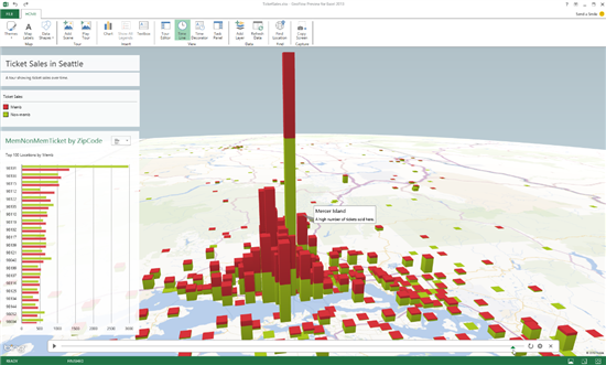 В Excel 2013 появилась эффектная трёхмерная визуализация данных на карте