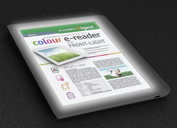 Компьютерное изображение будущей электронной книги PocketBook с цветным сенсорным экраном и внешней подсветкой