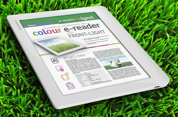 Компьютерное изображение будущей электронной книги PocketBook с цветным сенсорным экраном и внешней подсветкой