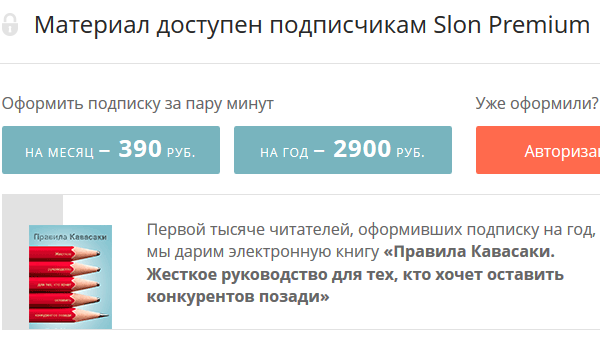 Slon Premium продаётся по 390 руб в месяц, 2900 в год