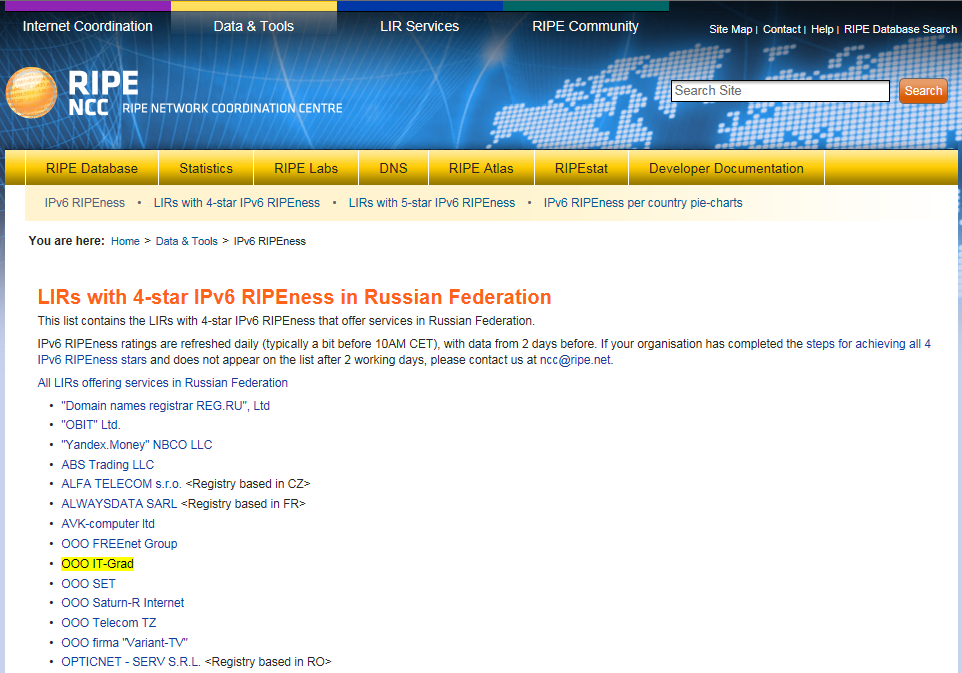 Список «4-star» RIPE NCC