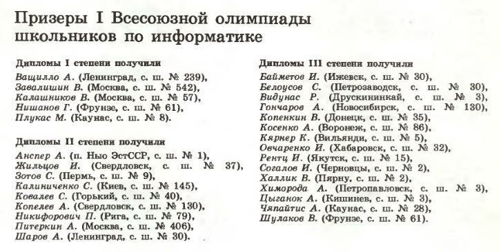 Первая Всесоюзная олимпиада школьников по программированию (информатике) 1988 года