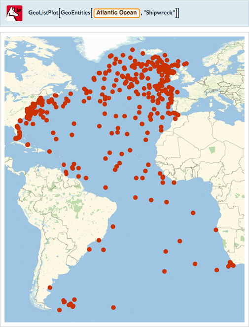 GeoListPlot[GeoEntities[=[Atlantic Ocean],&quot;Shipwreck&quot;]]