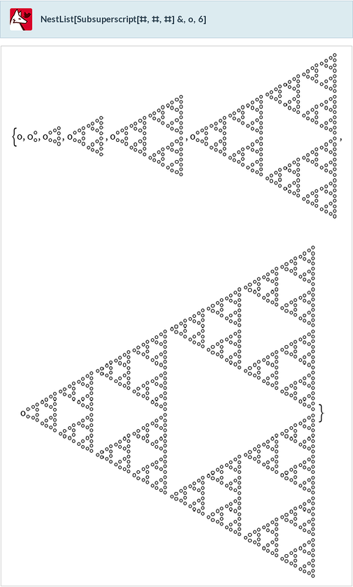 NestList[Subsuperscript[#,#,#]&amp;,o,6]