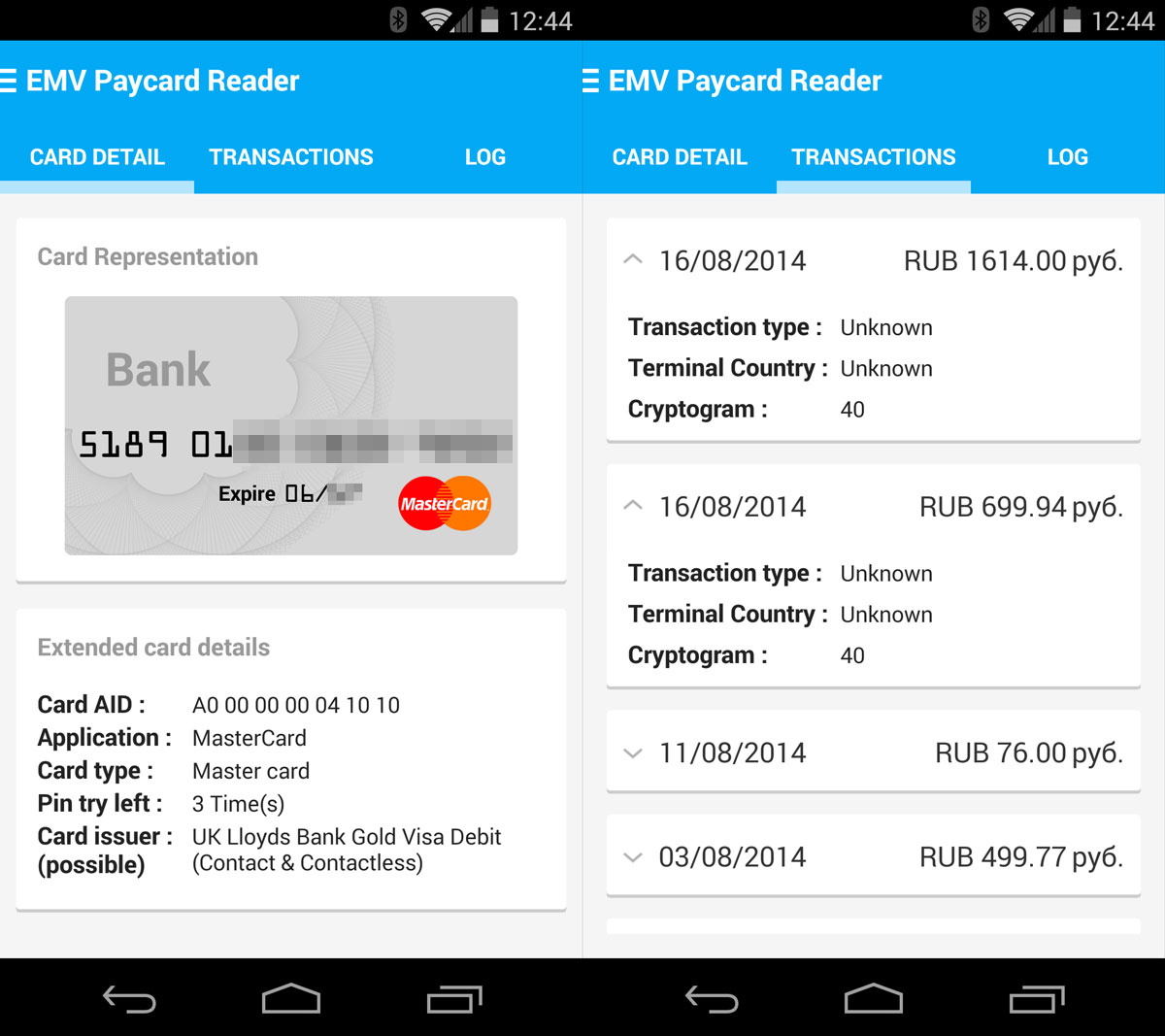 Приложение для Android позволяет читать список последних транзакций с банковских карт PayPass и payWave