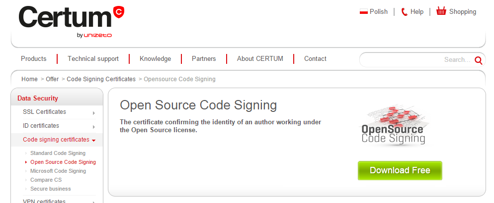 Бесплатный Code signing для Open Source от Certum