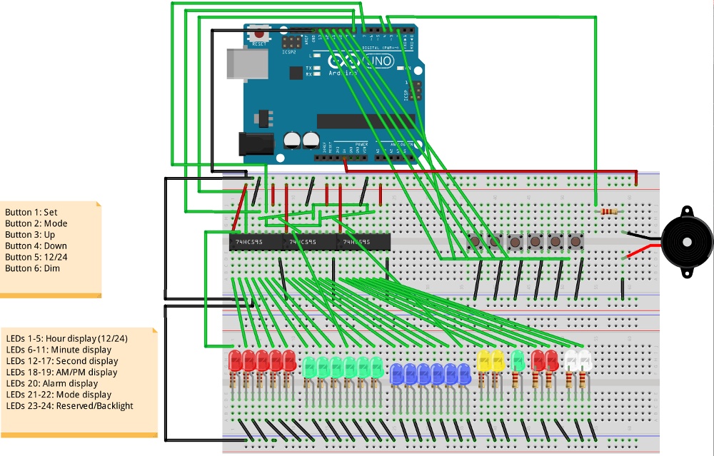 Бинарные часы с будильником и таймером на Arduino Uno