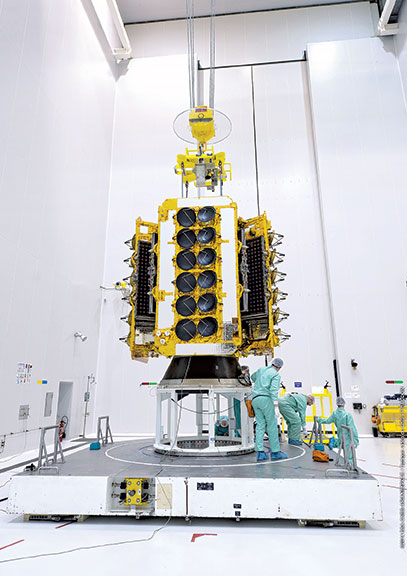   A payload of four O3b satellites getting prepped for launch. Photograph: Courtesy ESA-CNES-Arianespace/Optique Video du CSG/P. Baudon