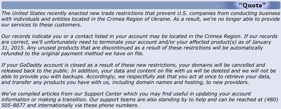 Письмо GoDaddy крымским пользователям