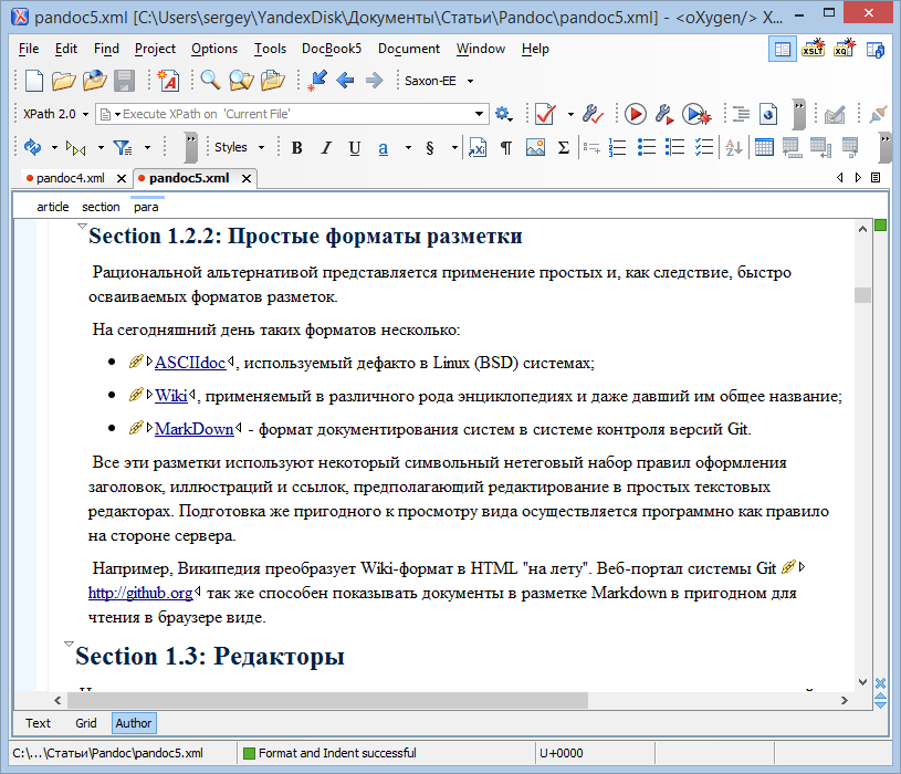 Cтатья схемы в XML-редакторе в режиме автора