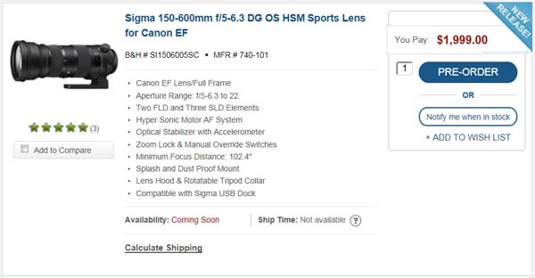 Объектив Sigma 150-600mm F/5-6.3 DG OS HSM Sports в США стоит почти $2000