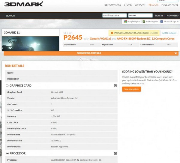 APU AMD FX-8800P (Carrizo) засветился в базе данных пакета 3DMark11 - 1 APU AMD FX-8800P
