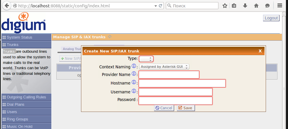 Trunks -> VOIP Trunks -> New SIP/IAX Trunkmage