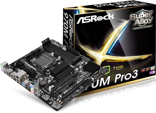 Плата ASRock 970M Pro3 типоразмера microATX построена на наборе микросхем системной логики AMD 970 и SB950