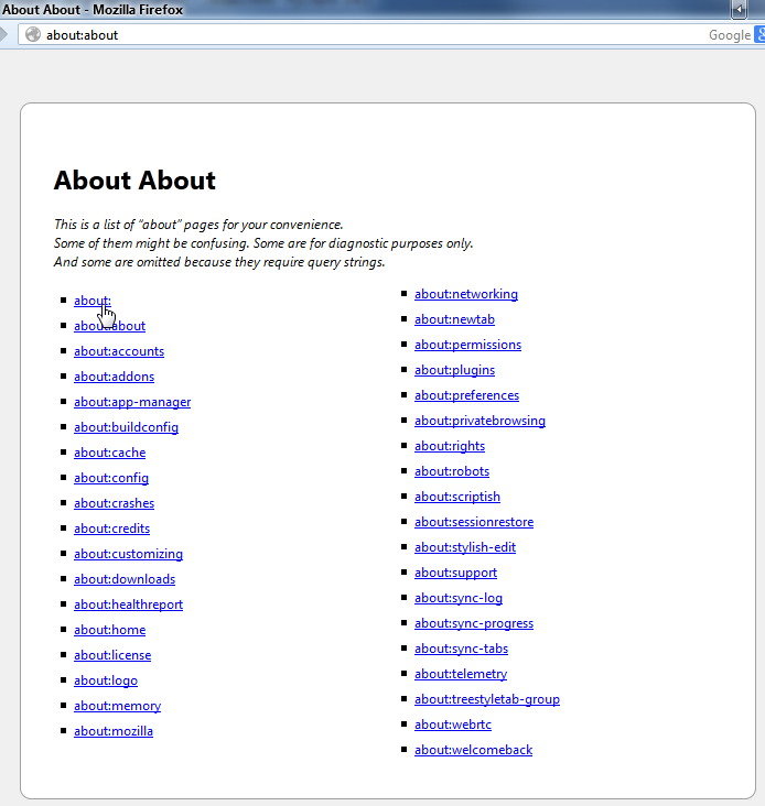 Страница about:about в Firefox - 2