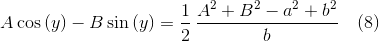 Acos left( y right) -Bsin left( y right)=frac{1}{2},{frac {{A}^{2}+{ B}^{2}-{a}^{2}+{b}^{2}}{b}} quad (8) Системы компьютерной алгебры: блеск, нищета или почему многие задачи не решаются «в лоб» - 14