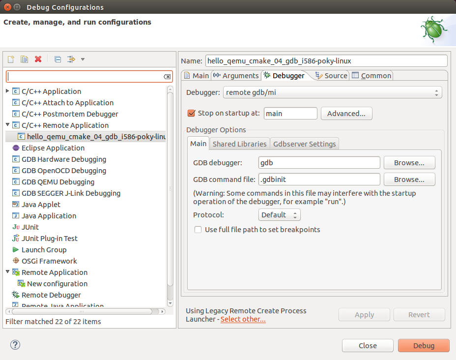 Eclipse->Debug Configurations - Debugger