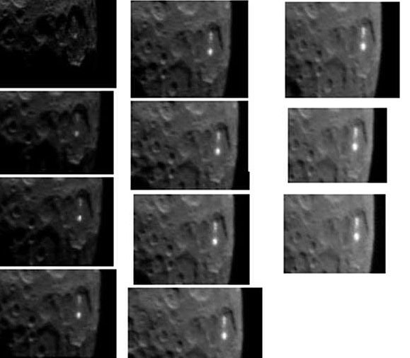 Белые пятна Цереры продолжают интриговать - 3 So you can see how the light changes on the pair (or three) white spots as Ceres revolves, these are individual cuts made from the video. Credit: NASA/JPL with selections made by Tom Ruen