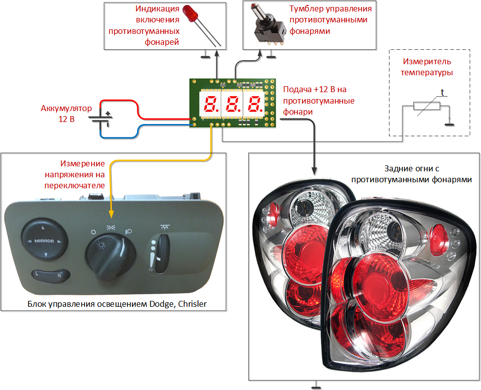 Коммутатор фар и фонарей для автомобиля с контролем состояния аккумулятора и термометрами - 2