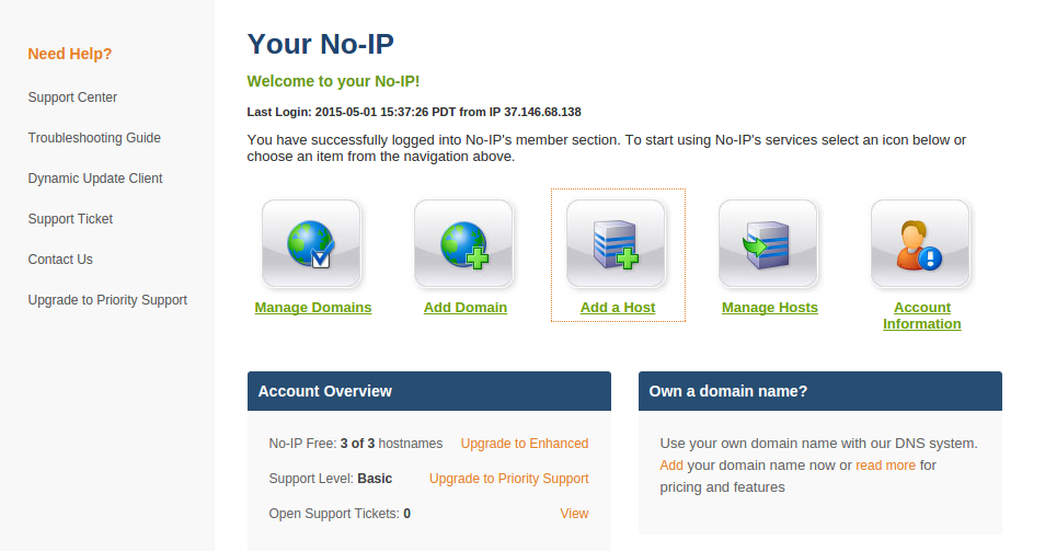 Manage hosts. No-IP. No-IP domain name. Button Manager.