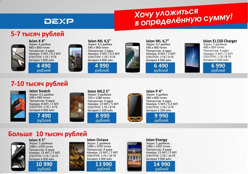 Смартфон с мощным аккумулятором. Версия DEXP: 10 моделей от 4 490 до 13 990 рублей, от 3 000 до 5 200 мАч - 4