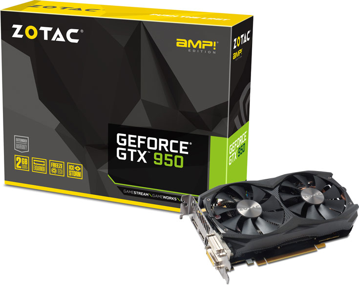 Одновременно представлены модели Zotac GeForce GTX 950 (ZT-90601-10L) и Zotac GeForce GTX 950 OC (ZT-90602-10M)