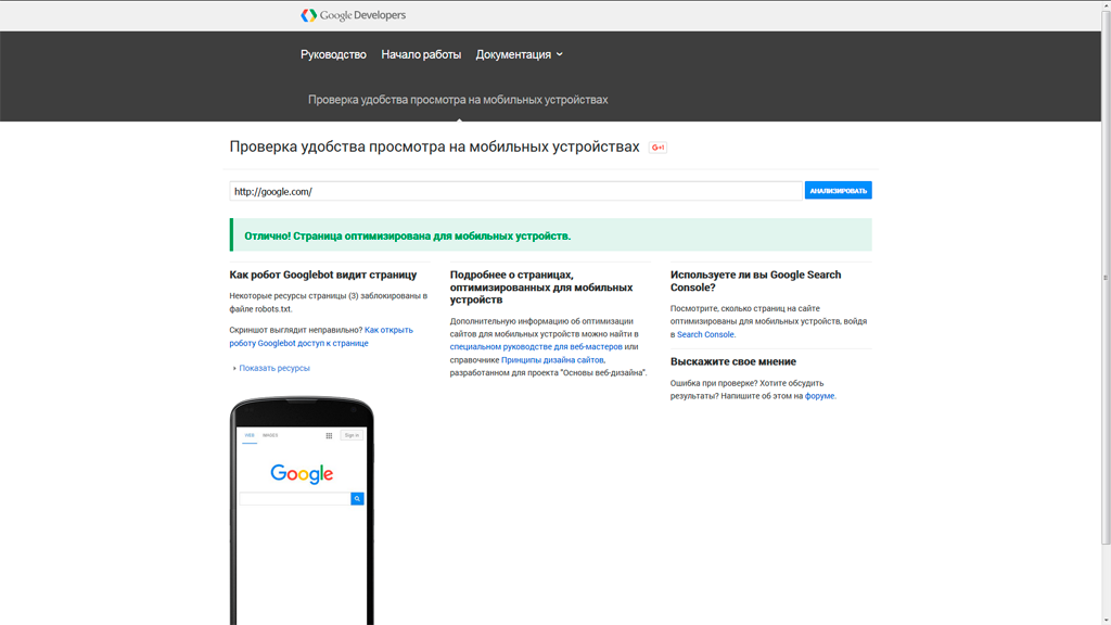 Анализ удобства просмотра сайта на мобильных устройствах при помощи инструментов Google - 1