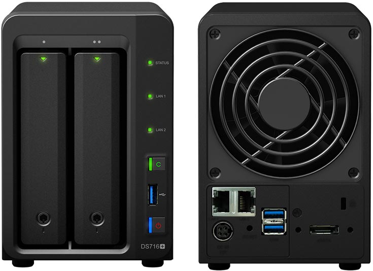 NAS Synology DiskStation DS716+ имеет два отсека для накопителей