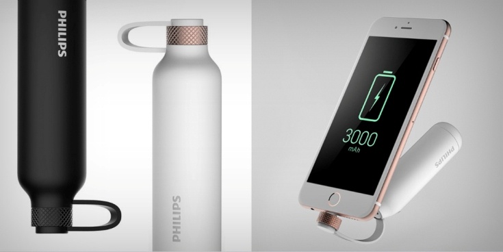 Внешний аккумулятор Philips Power Potion 3000 выглядит, как бутылка воды