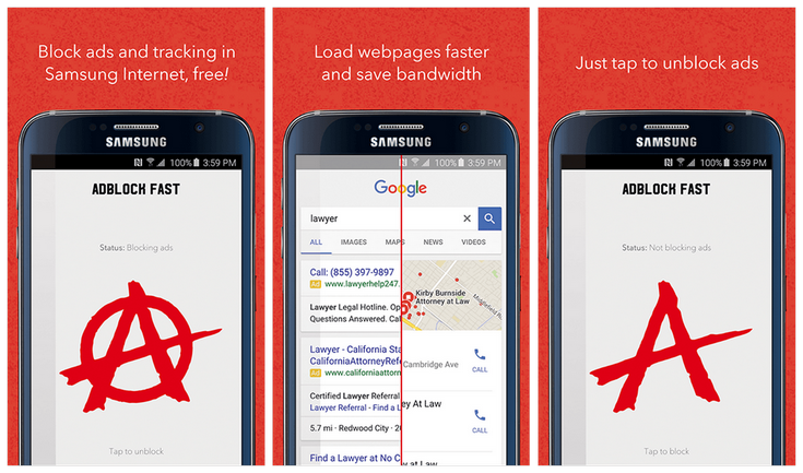 Samsung предлагает воспользоваться блокировщиком рекламы Adblock Fast 