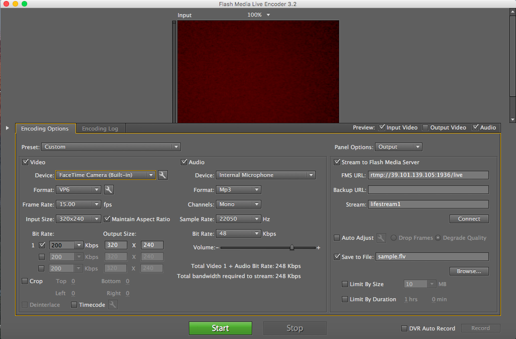 Adobe Flash Media Live Encoder  window