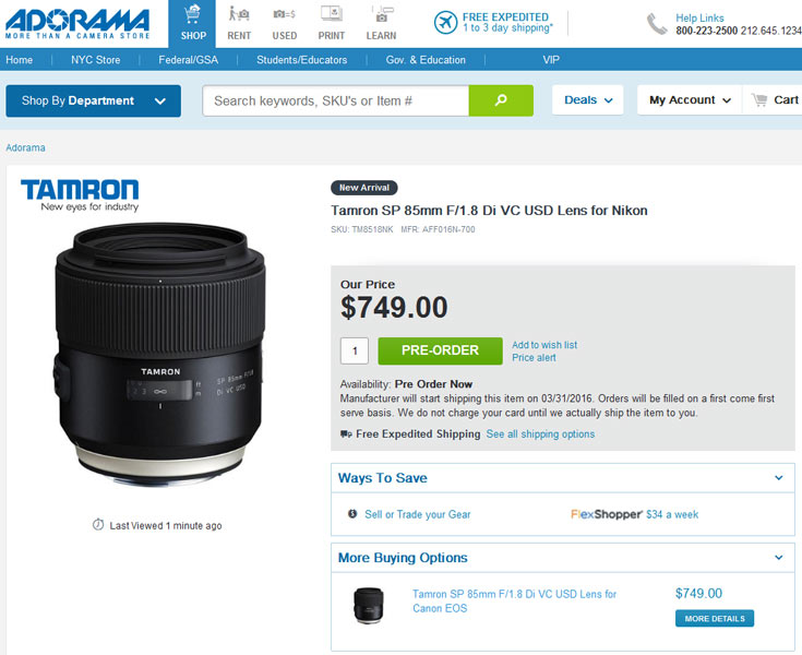 Полнокадровый объектив Tamron SP 85mm F/1.8 Di VC USD (F016) оснащен оптическим стабилизатором