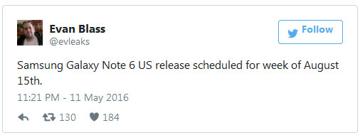 Назван срок анонса смартфона Samsung Galaxy Note 6