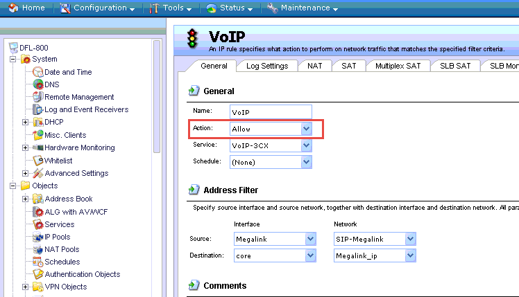 Настройка D-link DFL-260E/860E/1660/2560/2560G для работы с 3CX Phone System. Определение Allow правил для SIP.