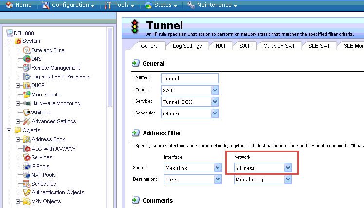 image Настройка D-link DFL-260E/860E/1660/2560/2560G для работы с 3CX Phone System. Определение SAT правил для 3CX Tunnel.