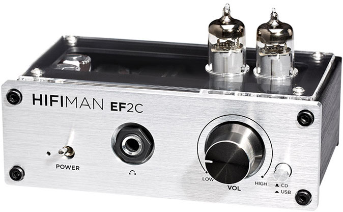 Схема усилителя HiFiMAN EF-2C включает два пентода 6J1 (аналог 6Ж1П) и операционный усилитель OPA2604