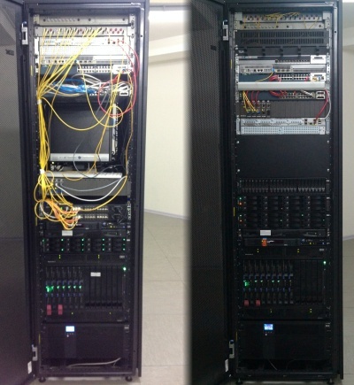 Как создавался региональный государственный ЦОД - 20 Вид стоек на резервной площадке в процессе монтажа (слева) и по окончание (справа).