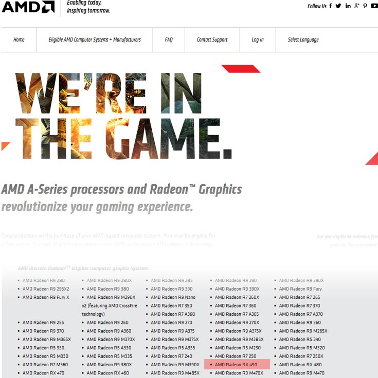 Упоминание о 3D-карте AMD Radeon RX490 обнаружено на сайте AMD 