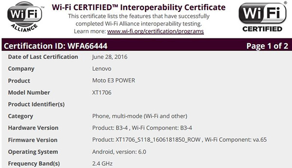 Moto E3 Power прошел сертификационные испытания Wi-Fi Alliance