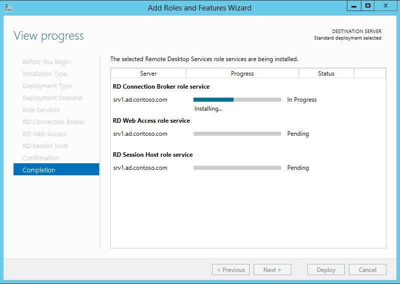 Add roles. Pending status. Server Manager help Desk. Type of deploying.
