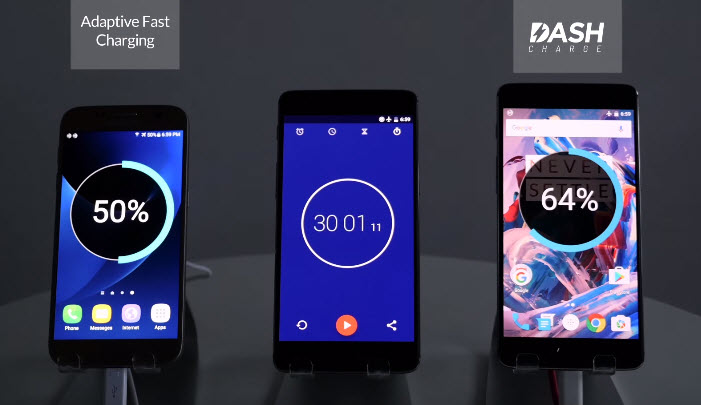 В реальном эксперименте технология быстрой зарядки OnePlus Dash Charge оказалась эффективнее Samsung Adaptive Fast Charging