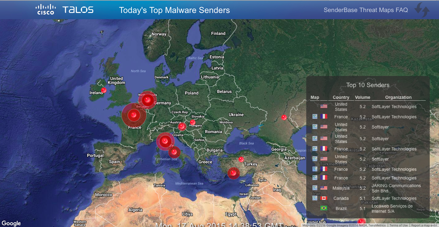 Карта активности вредоносных программ от Cisco