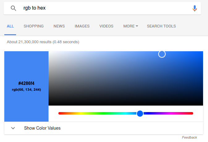 Для доступа к инструменту достаточно ввести строку «RGB to Hex»