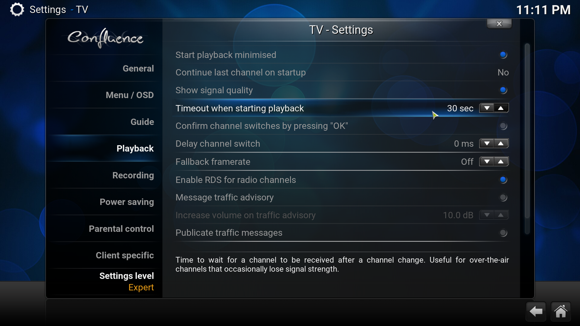 kodi settings timeout channel switch screenshot